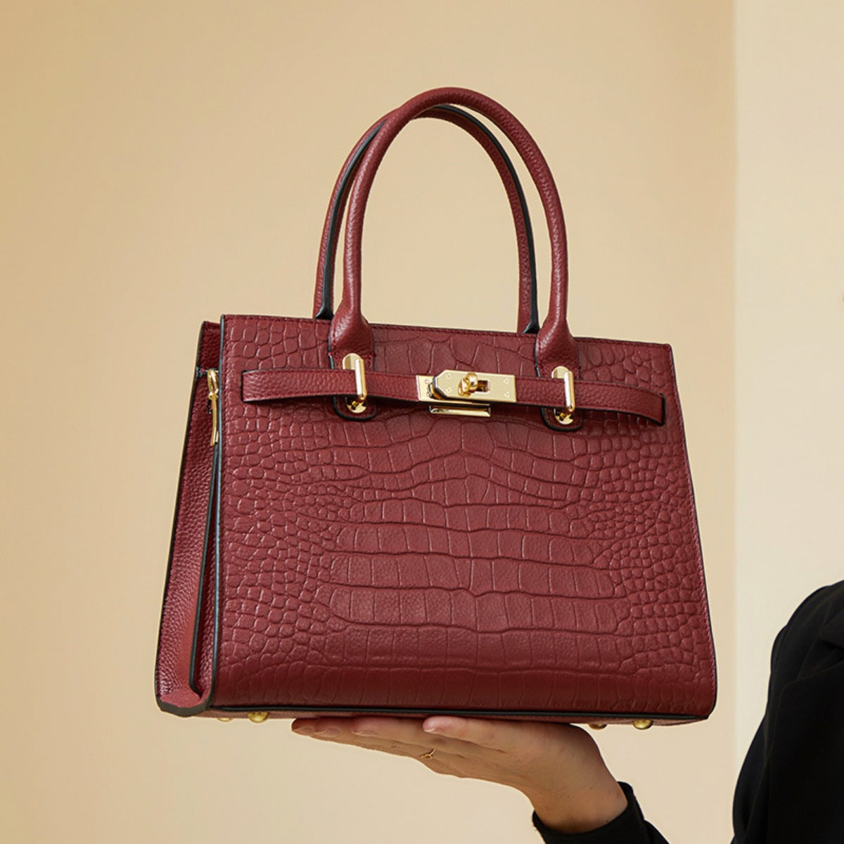 Crocodile-Embossed Leather Top Handle Handbag