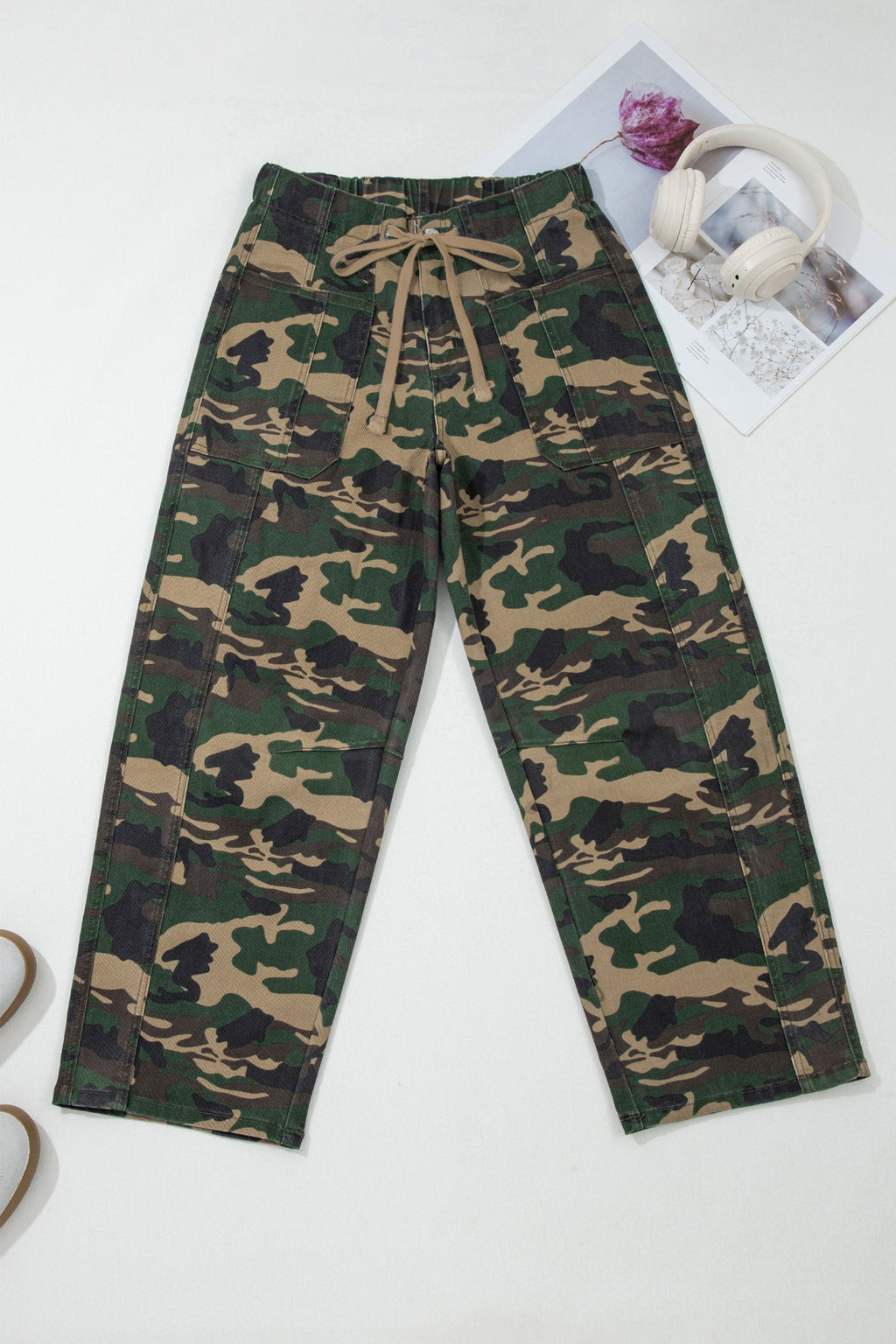 Green Camouflage Print Drawstring Patch Pocket Ankle Length Jeans
