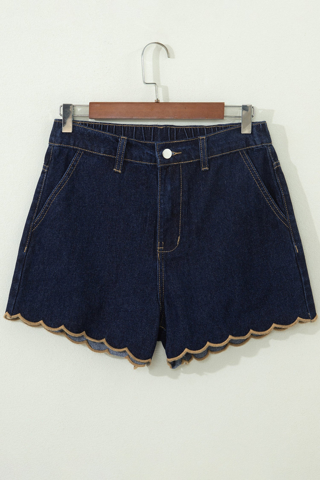 Navy Blue Embroidered Scalloped Trim Relaxed Denim Shorts