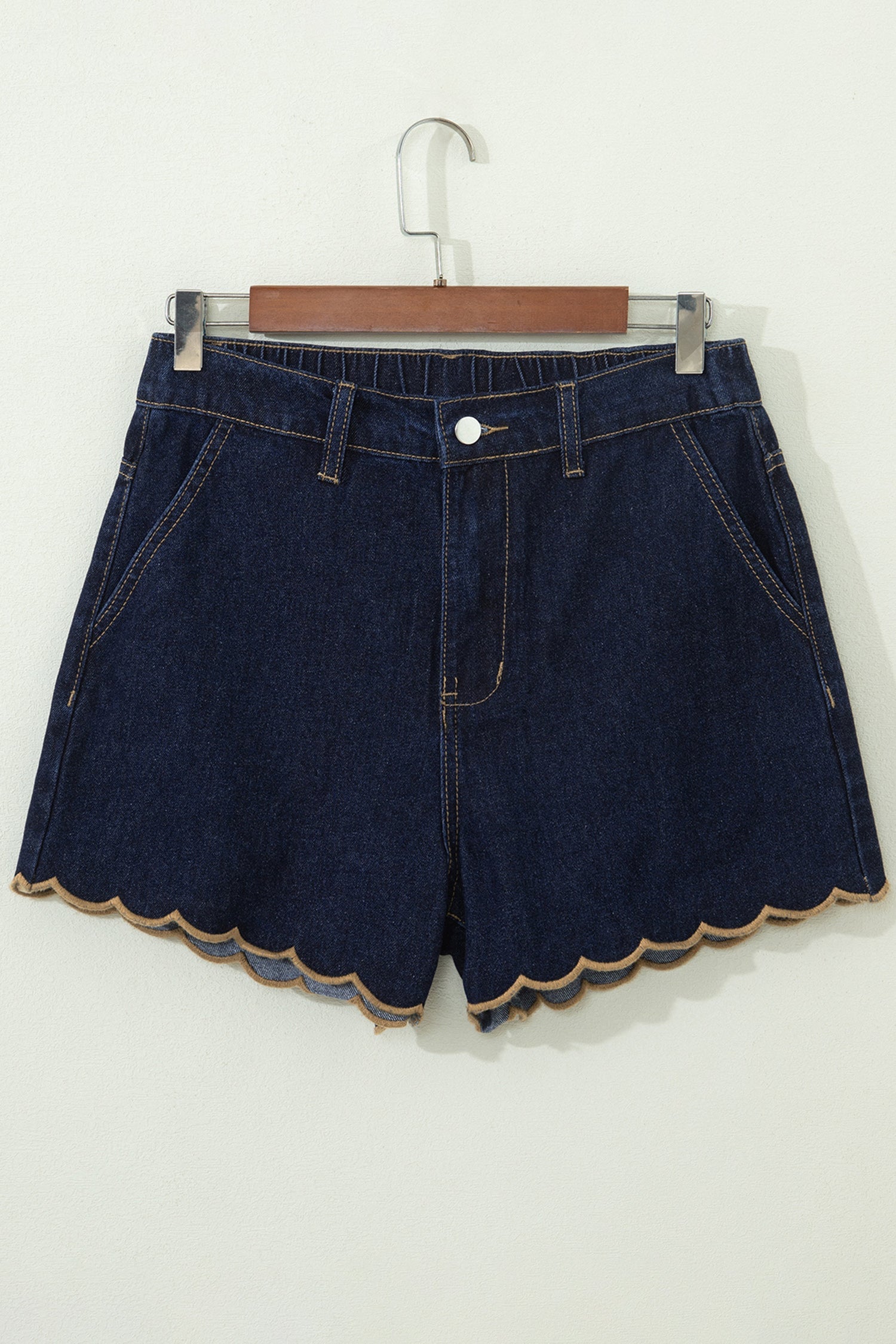 Navy Blue Embroidered Scalloped Trim Relaxed Denim Shorts