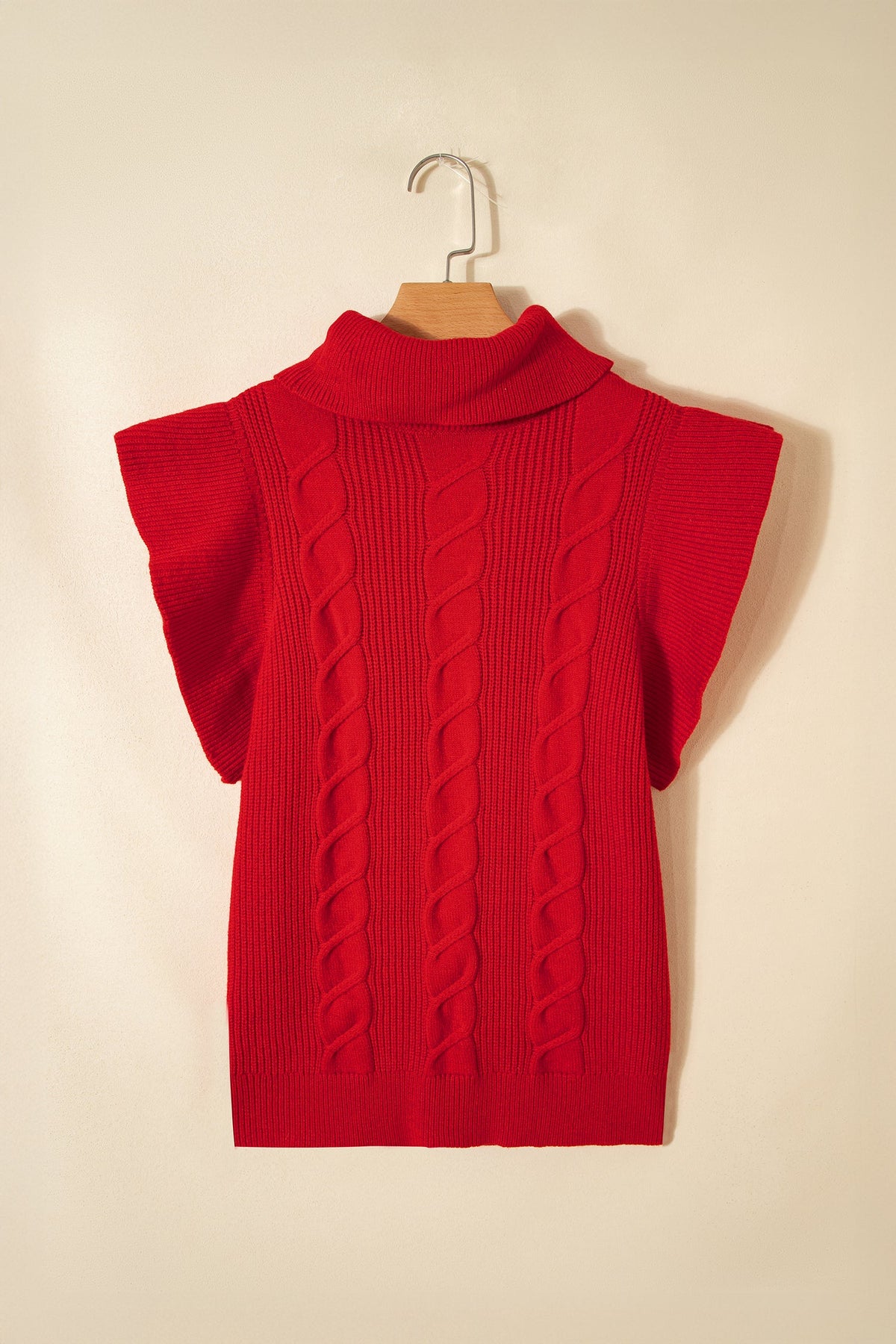 Cable Knit Turtleneck Ruffle Short Sleeve Sweater