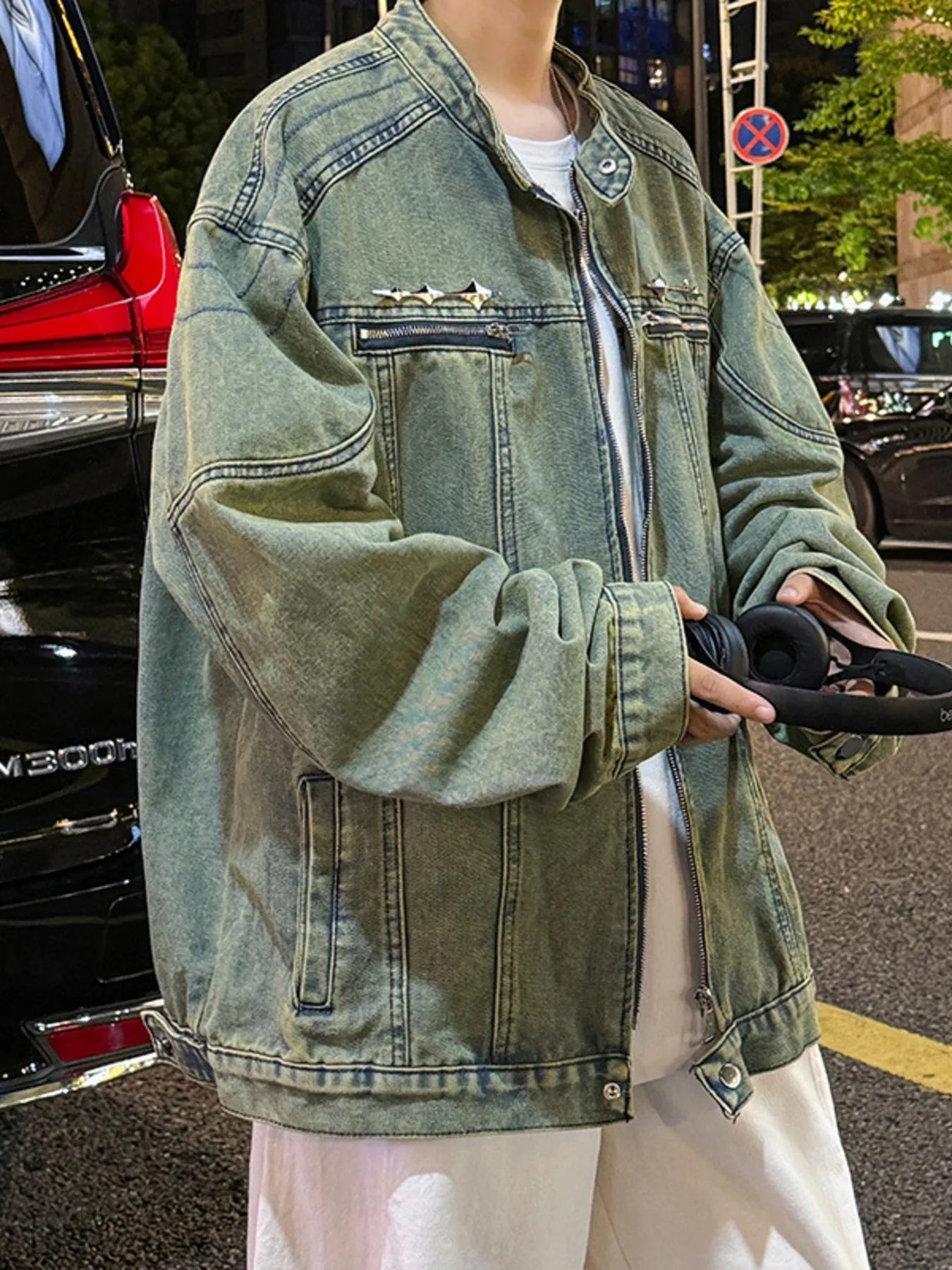 Men's Plus Size Zip Up Long Sleeve Denim Jacket