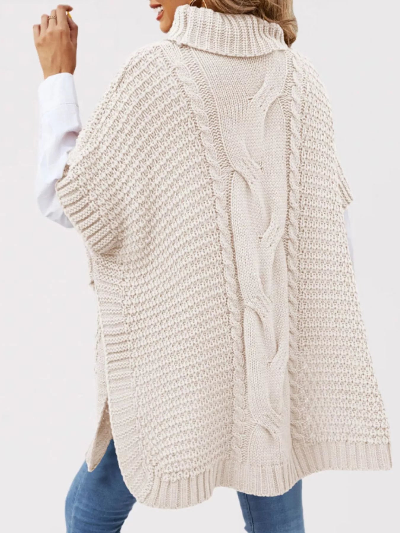 Turtleneck Cable-Knit Short Sleeve Oversized Sweater