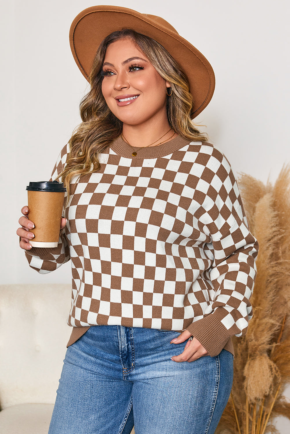 Plus Size Checker Contrast Edge Crewneck Sweater