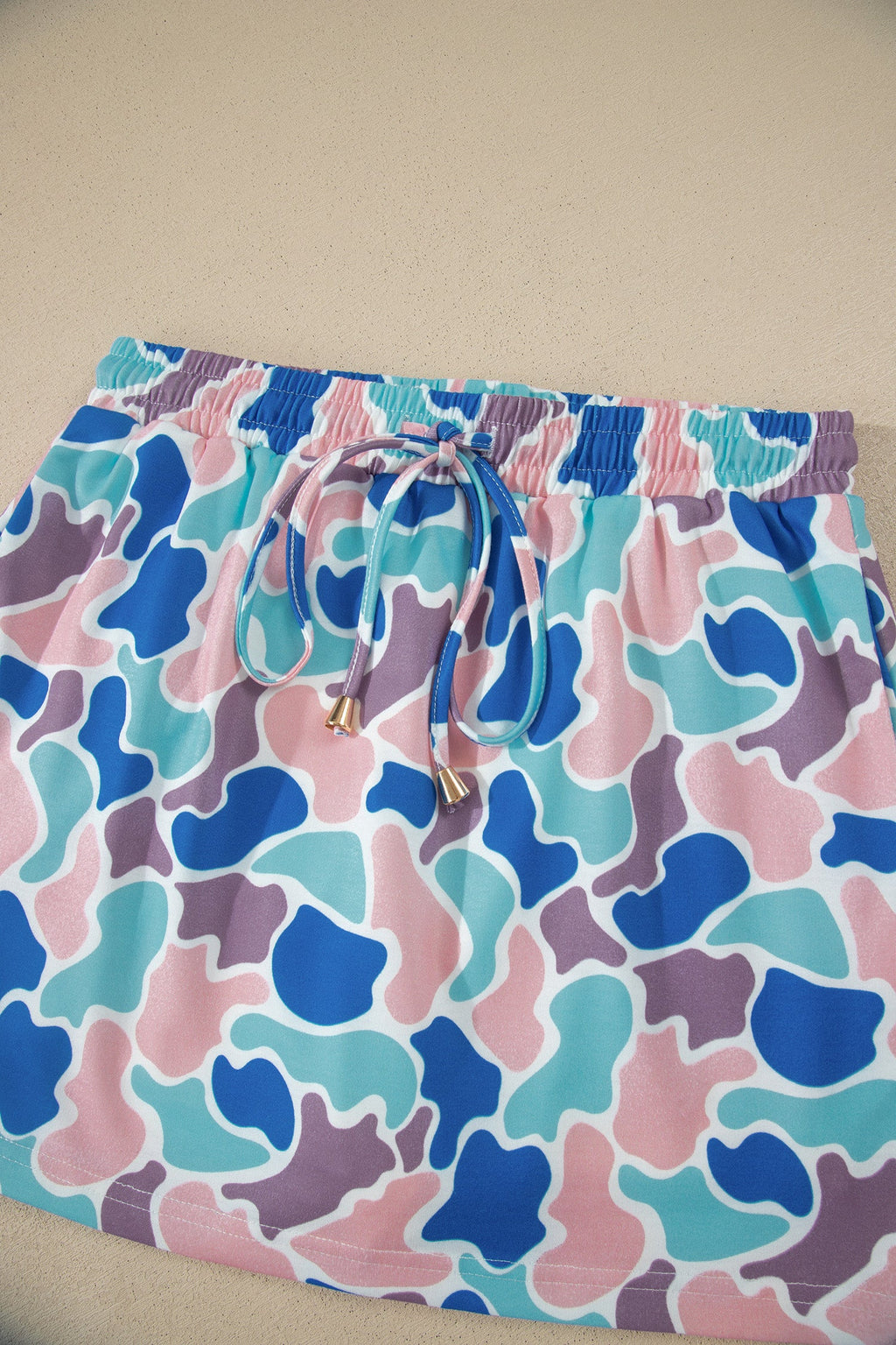 Sky Blue Abstract Camo Elastic Waist Drawstring Mini Skort