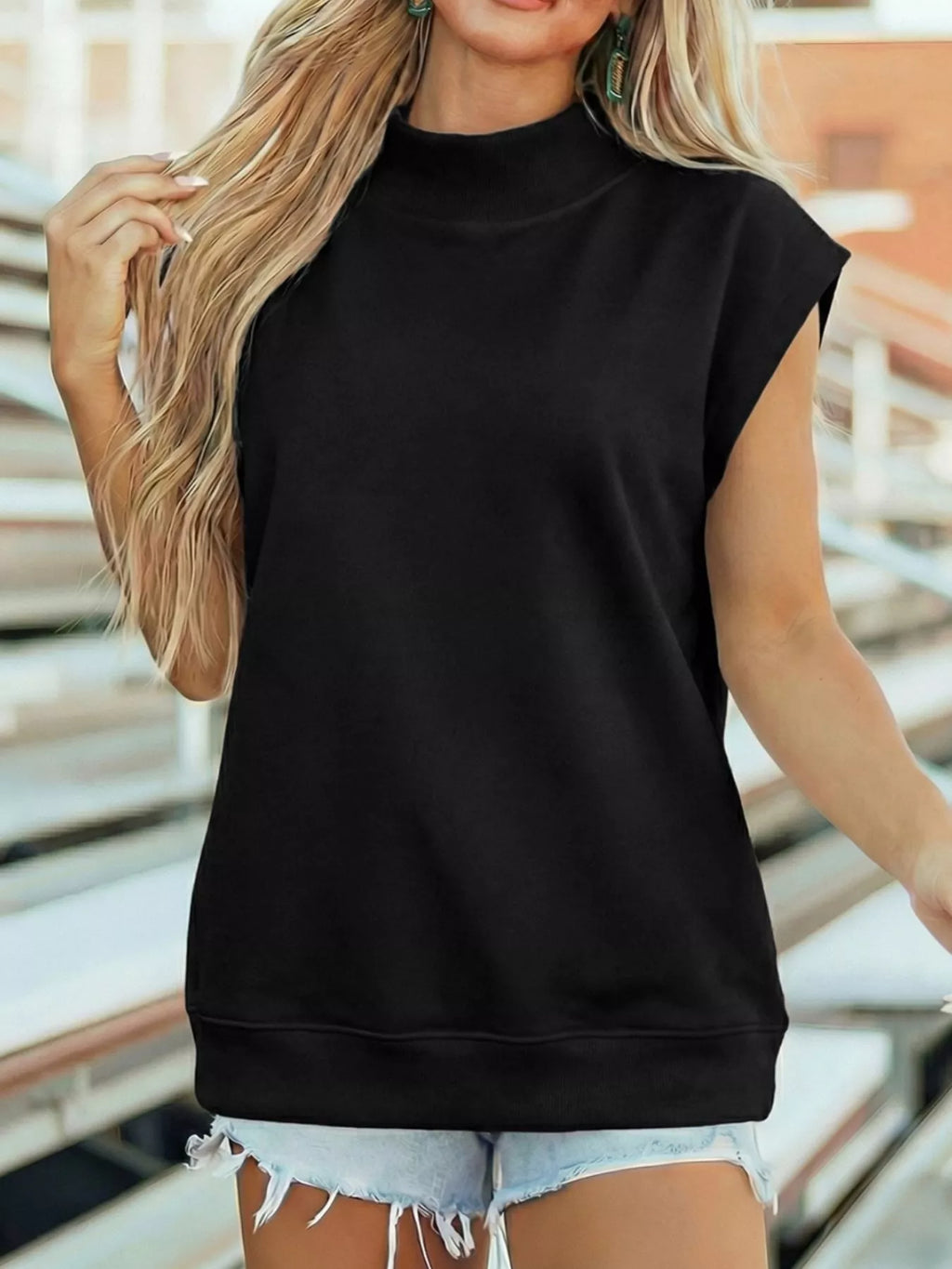 Mock Neck Cap Sleeve Blouse