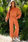 Flamingo Drop Shoulder Puff Sleeve Crop Pullover Drawstring Wide Leg Pants Set