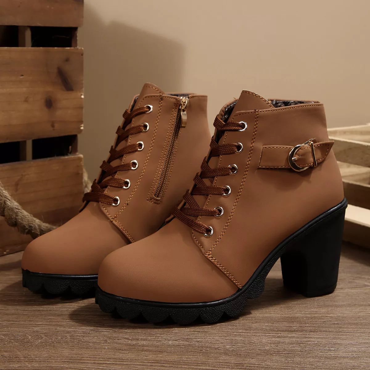 Lace Up Block Heels Boots