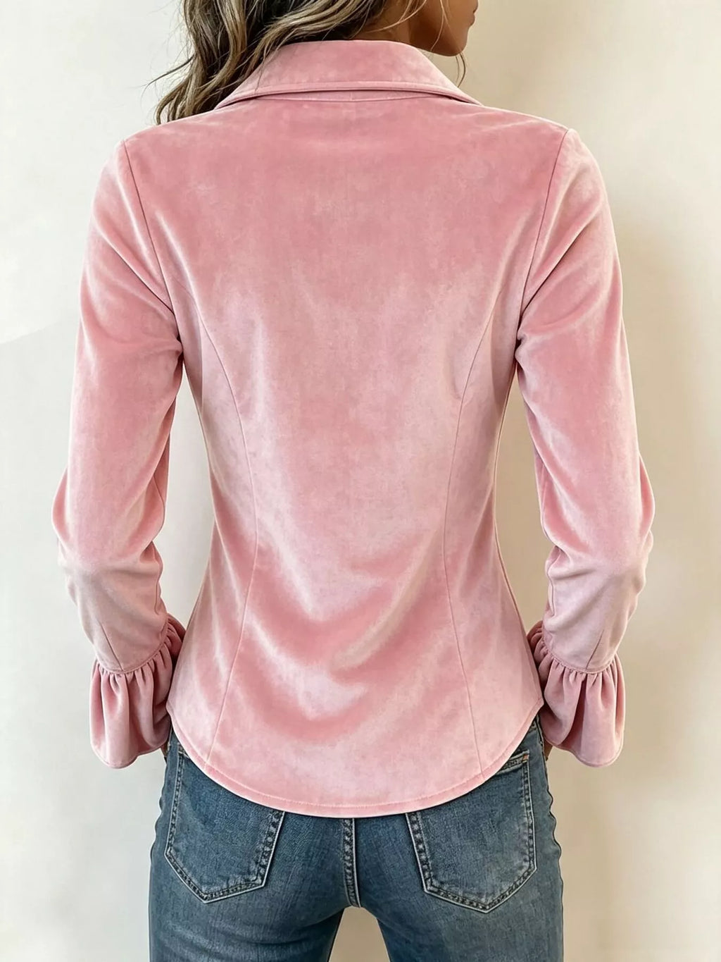 Velvet Button-Down Flounce Sleeve Shirt