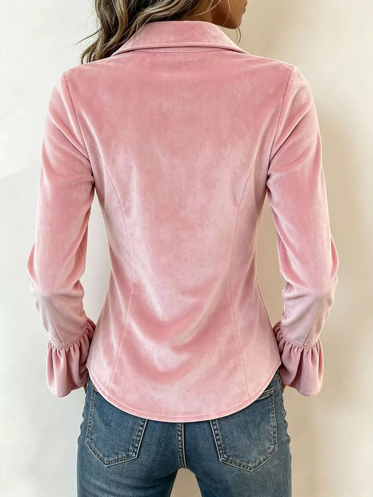Velvet Button-Down Flounce Sleeve Shirt