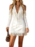Full Size Fringed Cold-Shoulder Zip-Front Mini Dress Plus Size