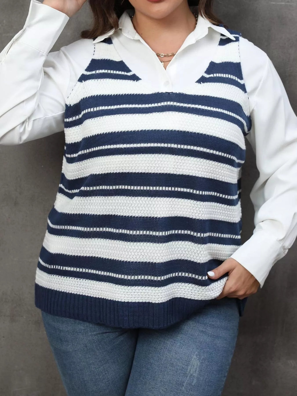 Plus Size Striped V-Neck Knit Sweater Vest