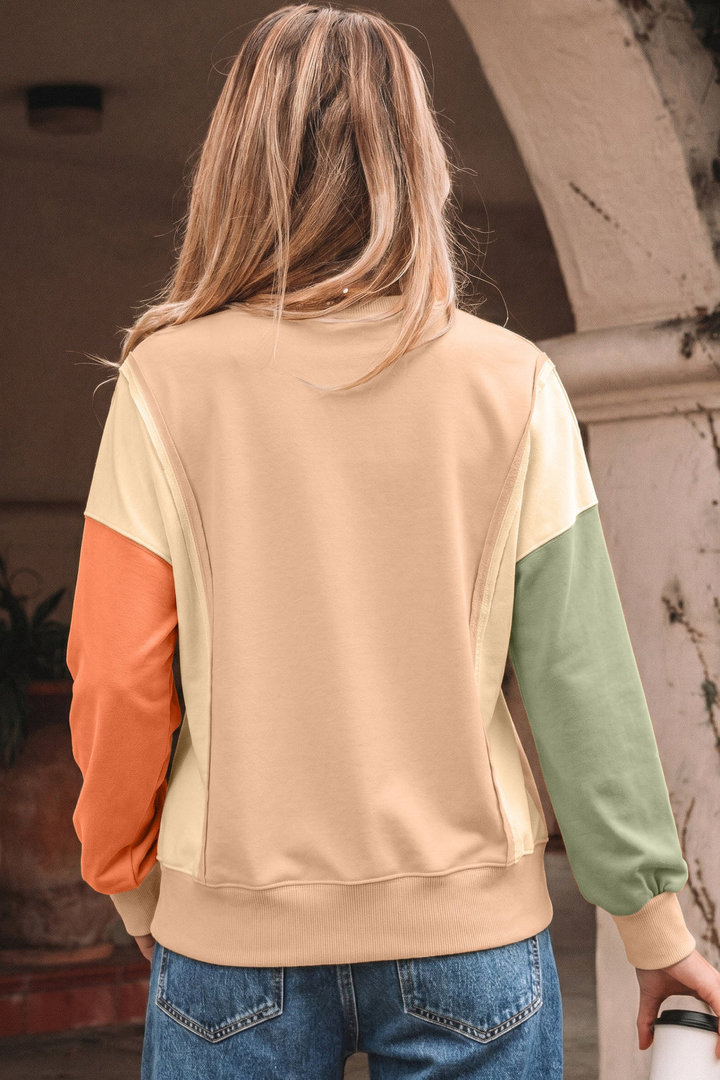 Beige Color Block Patchwork Split Hem Casual Sweatshirt