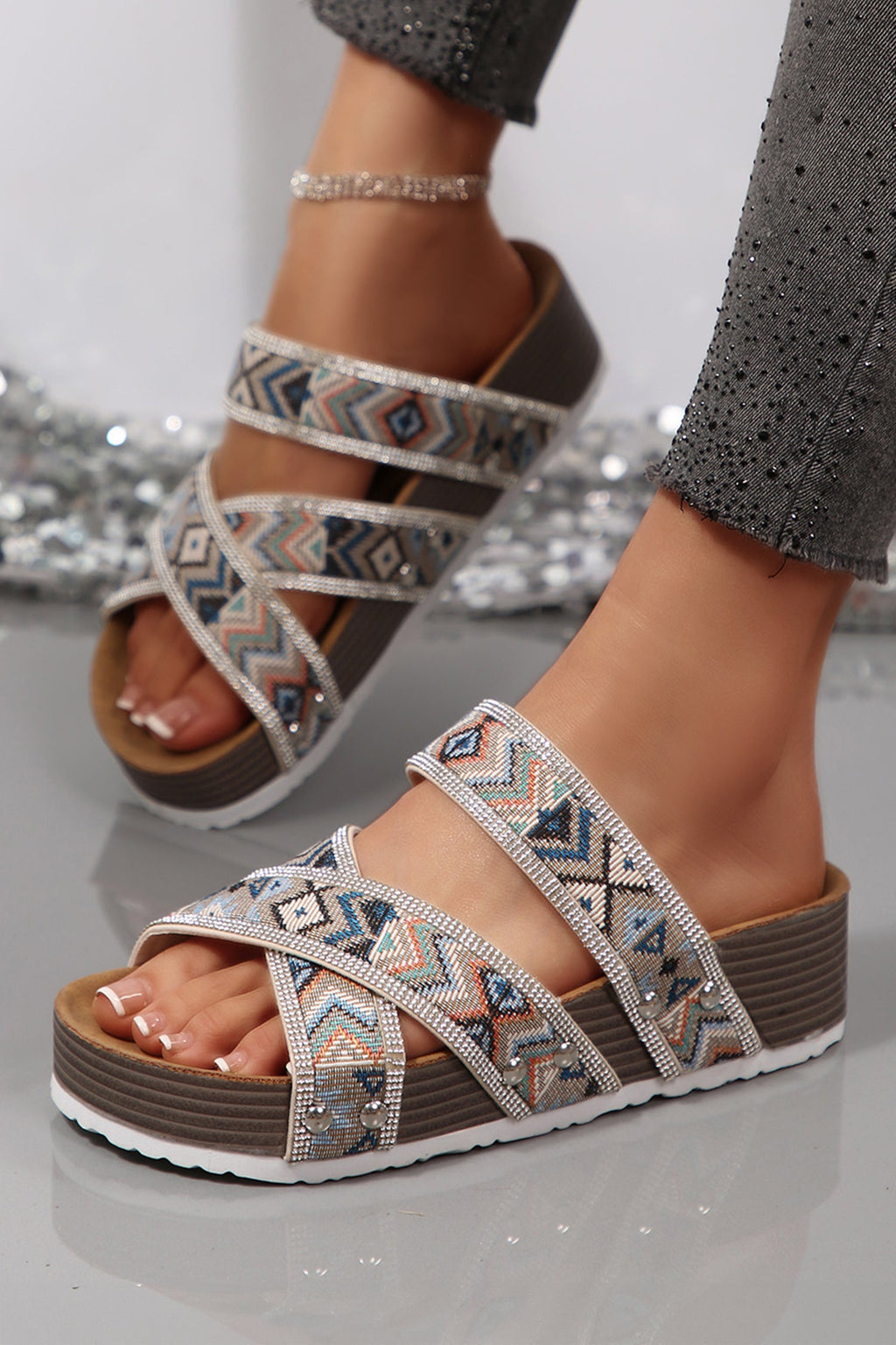 Color black Tribal Geometric Rhinestone Embellished Strappy Hollowed Platform Slippers