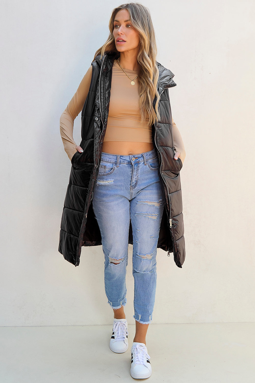 Solid Quilted Long Hooded Vest Coat