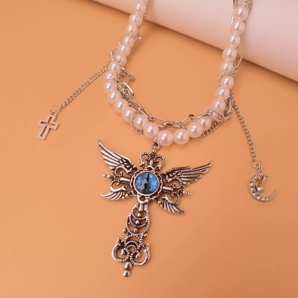Gothic Pearl Double Layered Necklace with Wing Pendant
