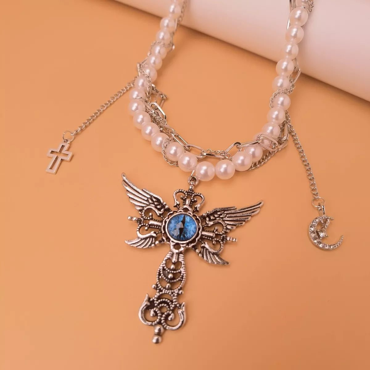 Gothic Pearl Double Layered Necklace with Wing Pendant