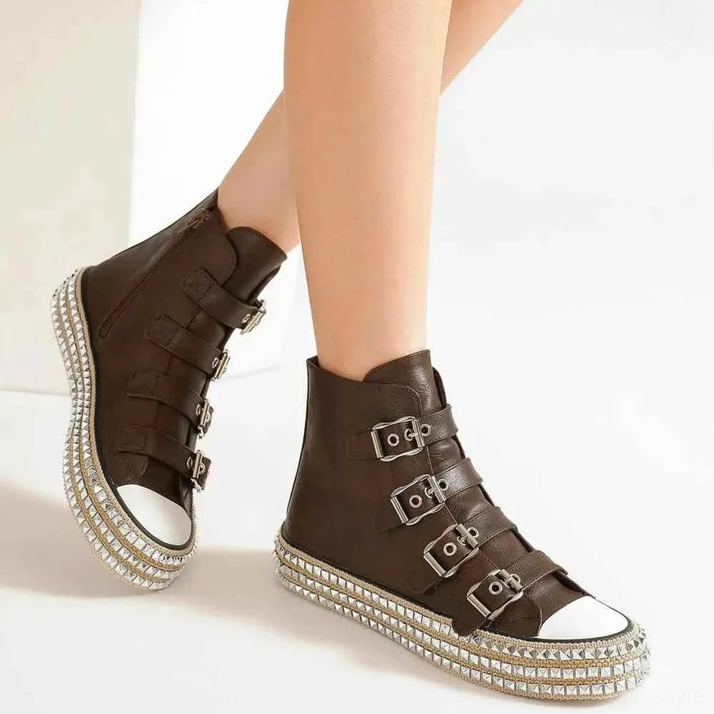 Punk-Inspired Multi-Buckle Studded Platform Sneakers
