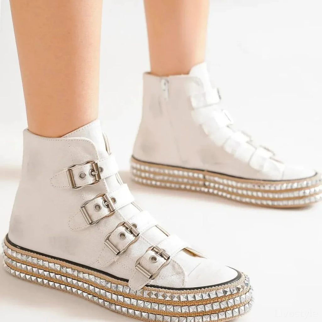 Multi-Buckle Studded Platform High Top Sneakers