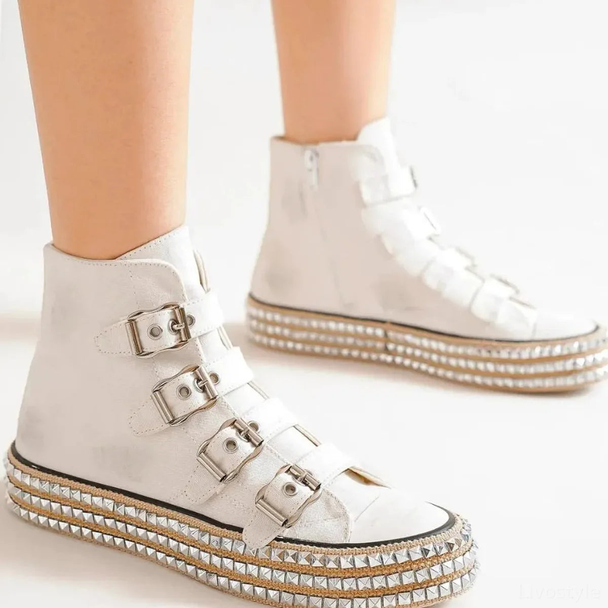 Multi-Buckle Studded Platform High Top Sneakers