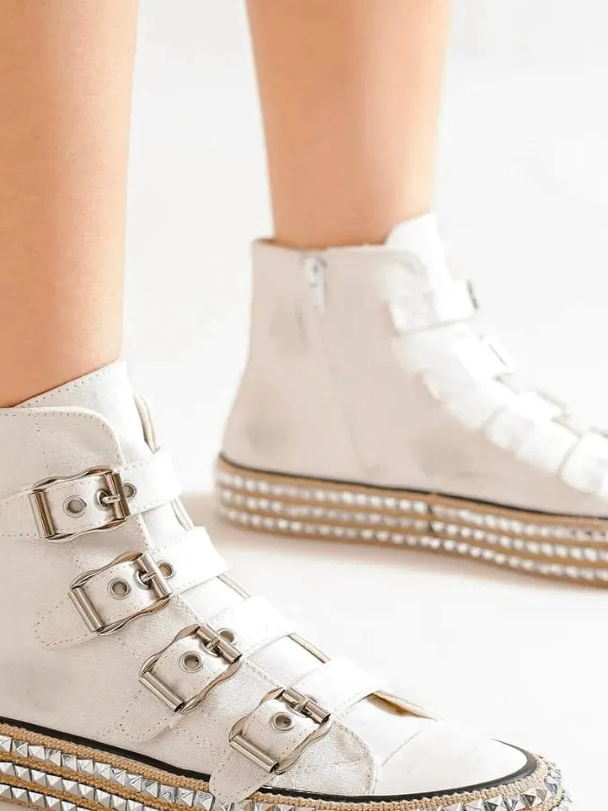 Multi-Buckle Studded Platform High Top Sneakers