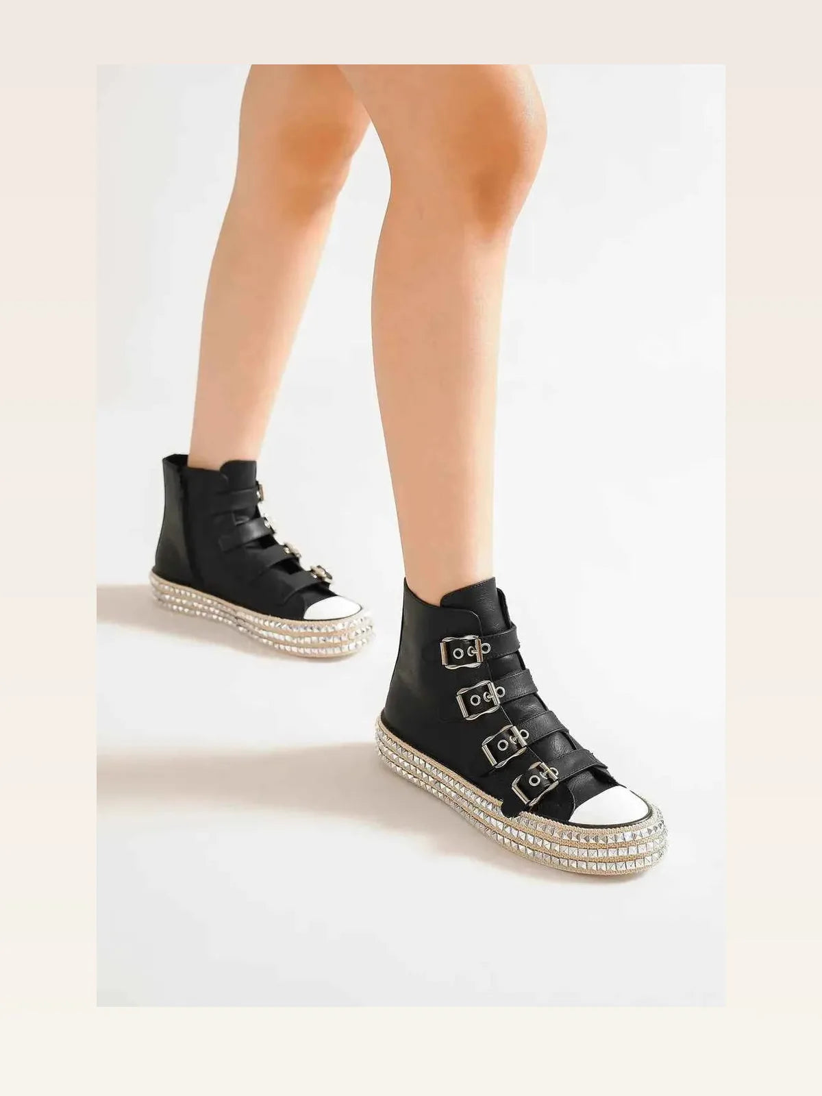 Multi-Buckle Studded Platform Sneakers