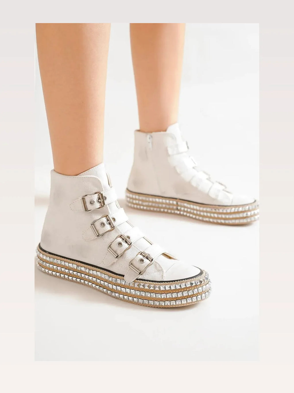 Multi-Buckle Studded Platform High Top Sneakers