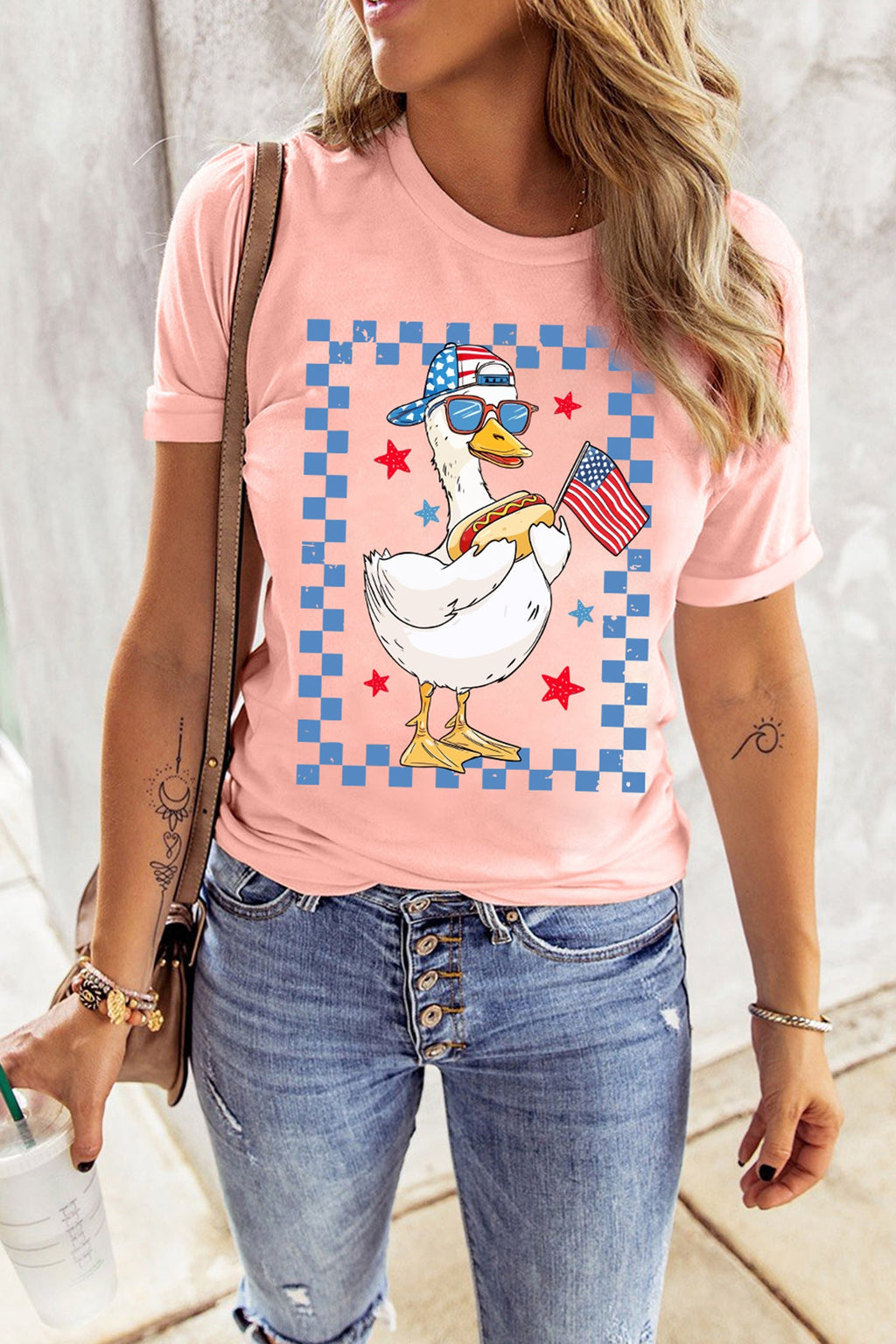 Pink America Goose 4th Of July Patriotic Flag Graphic T Shirt