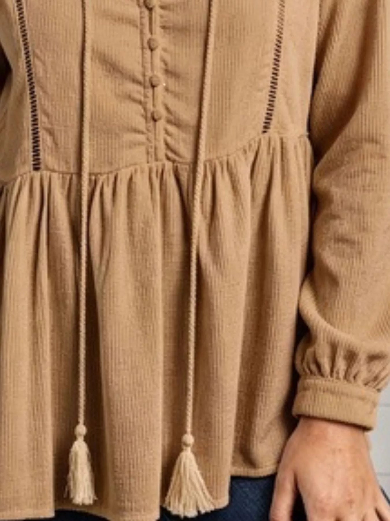 Tassel Drawstring Long Sleeve Peplum Top