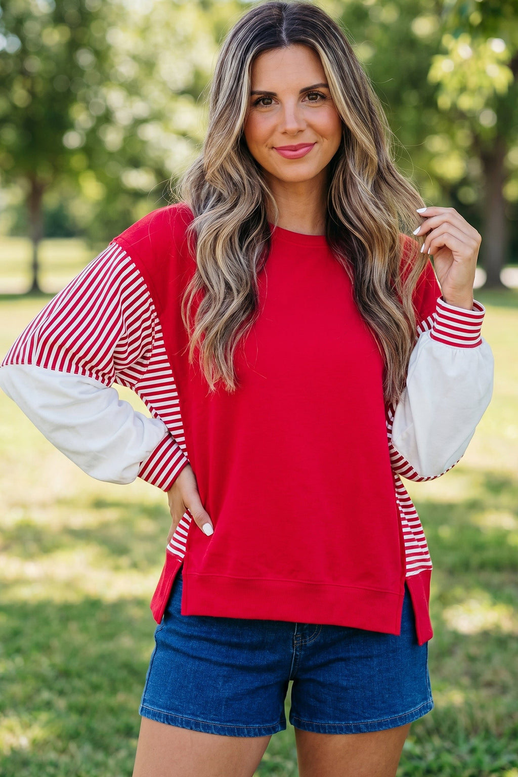 Fiery Red Striped Patchwork Sleeve Colorblock Sweatshirt