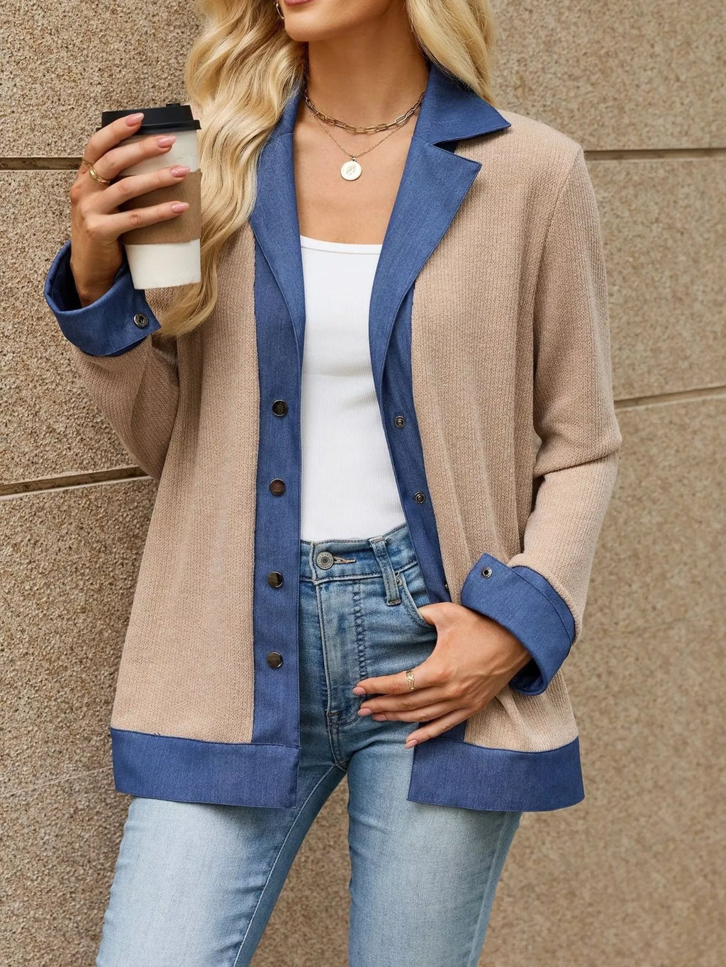 Contrast Denim Lapel Collar Outerwear