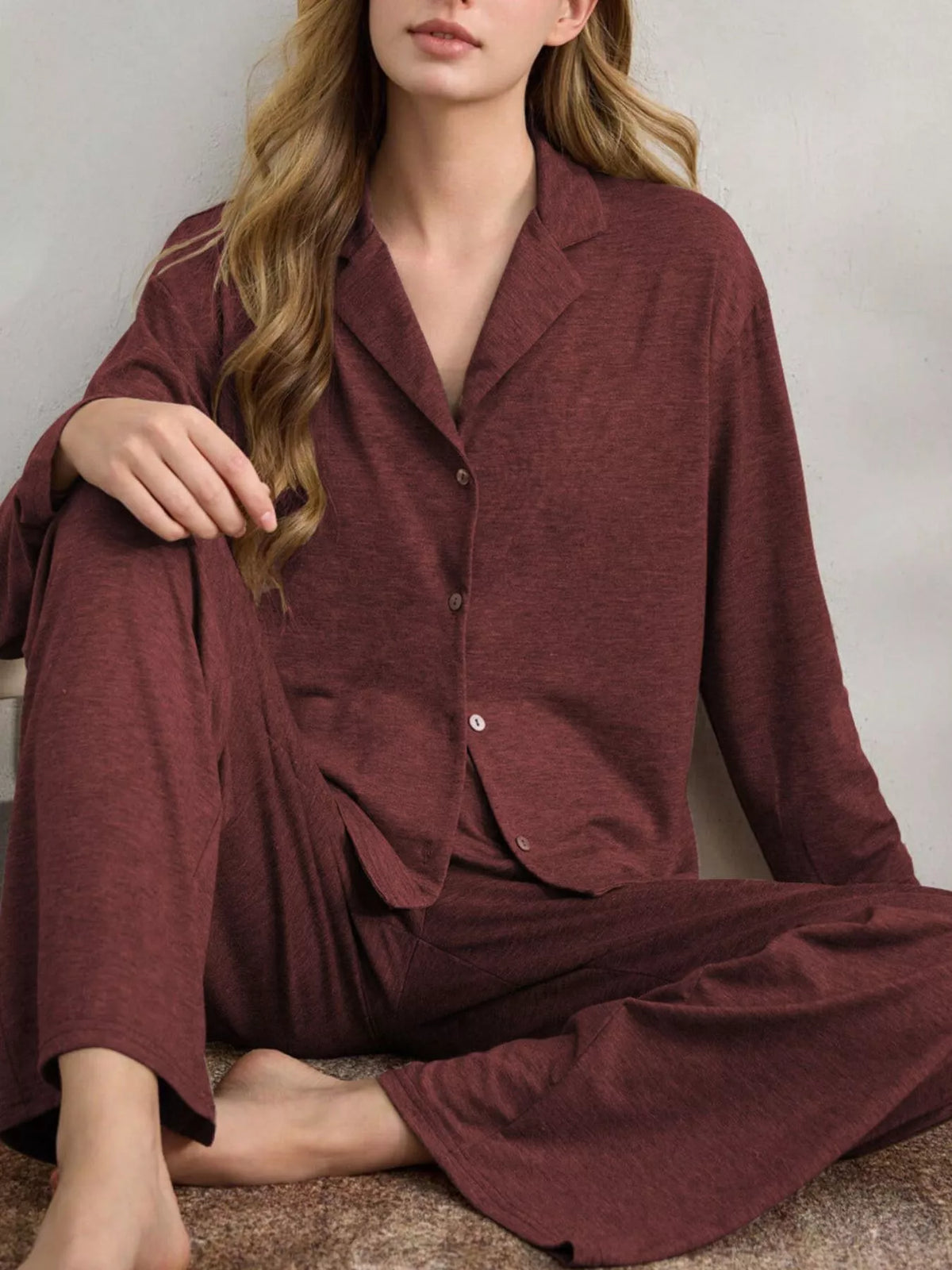 Button-Down Top and Wide-Leg Pants Lounge Set