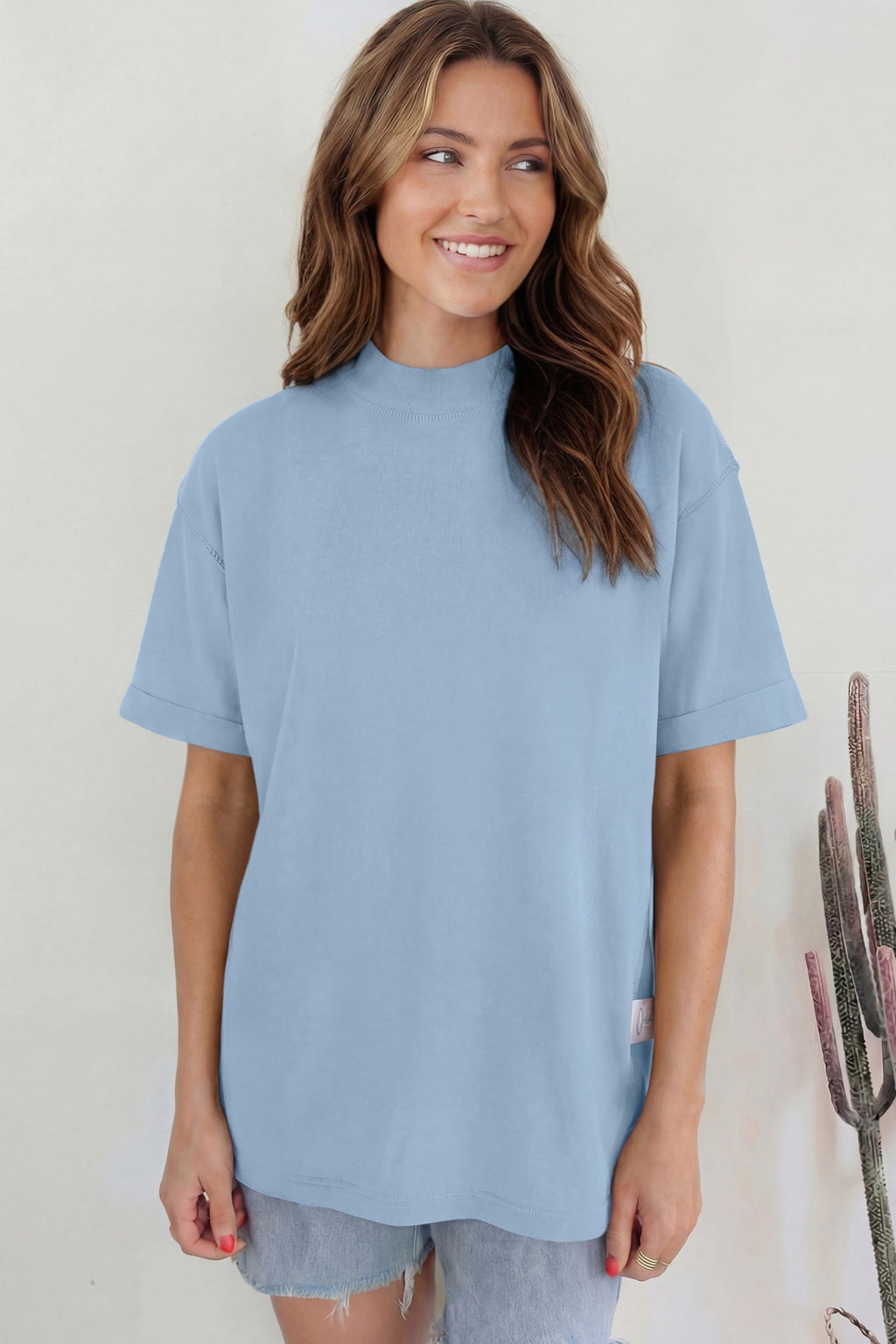 Beau Blue Solid Color High Neck Oversize Tee