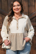 Khaki Stripe Plus Size Color Block Patchwork Half Button Long Sleeve Peplum Blouse