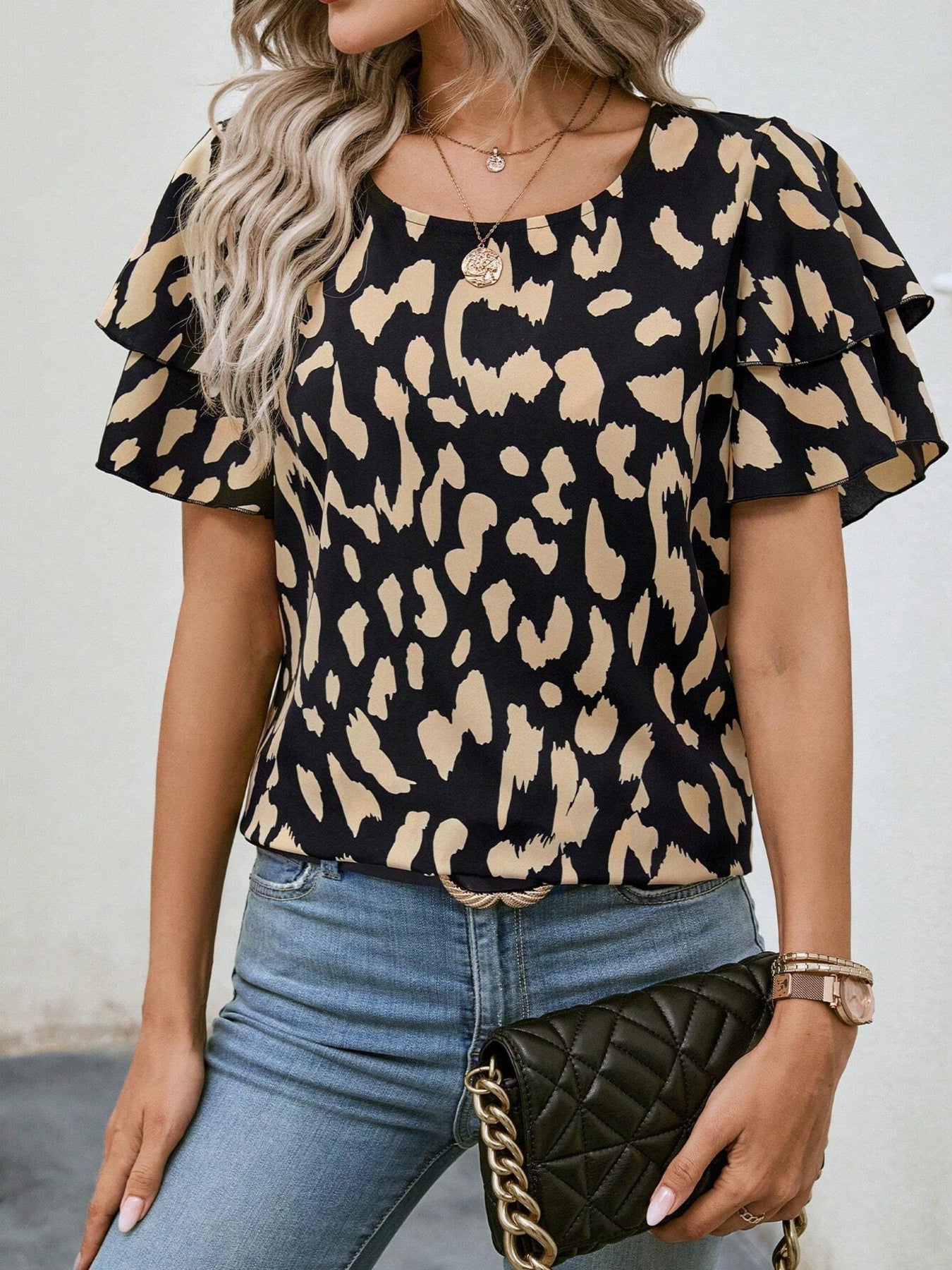Animal Print Ruffle Sleeve Blouse