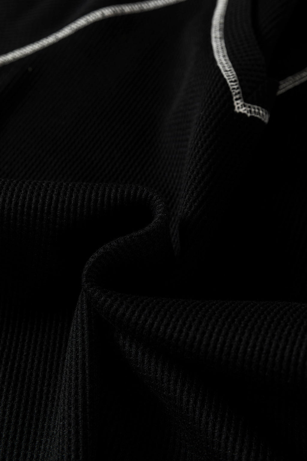 Black Waffle Textured Contrast Trim V Neck Tee
