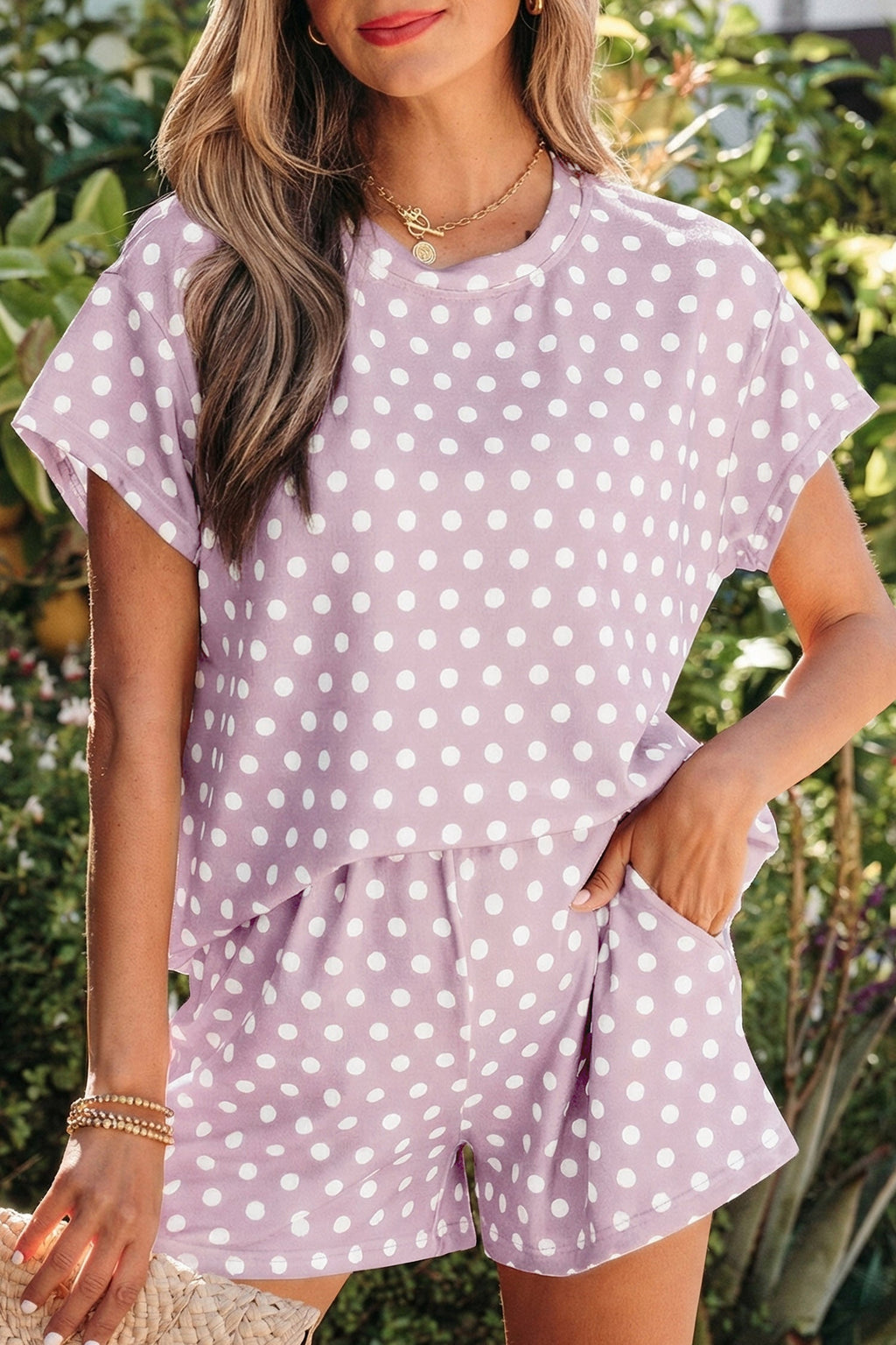 Purple Polka Dot Print Short Set