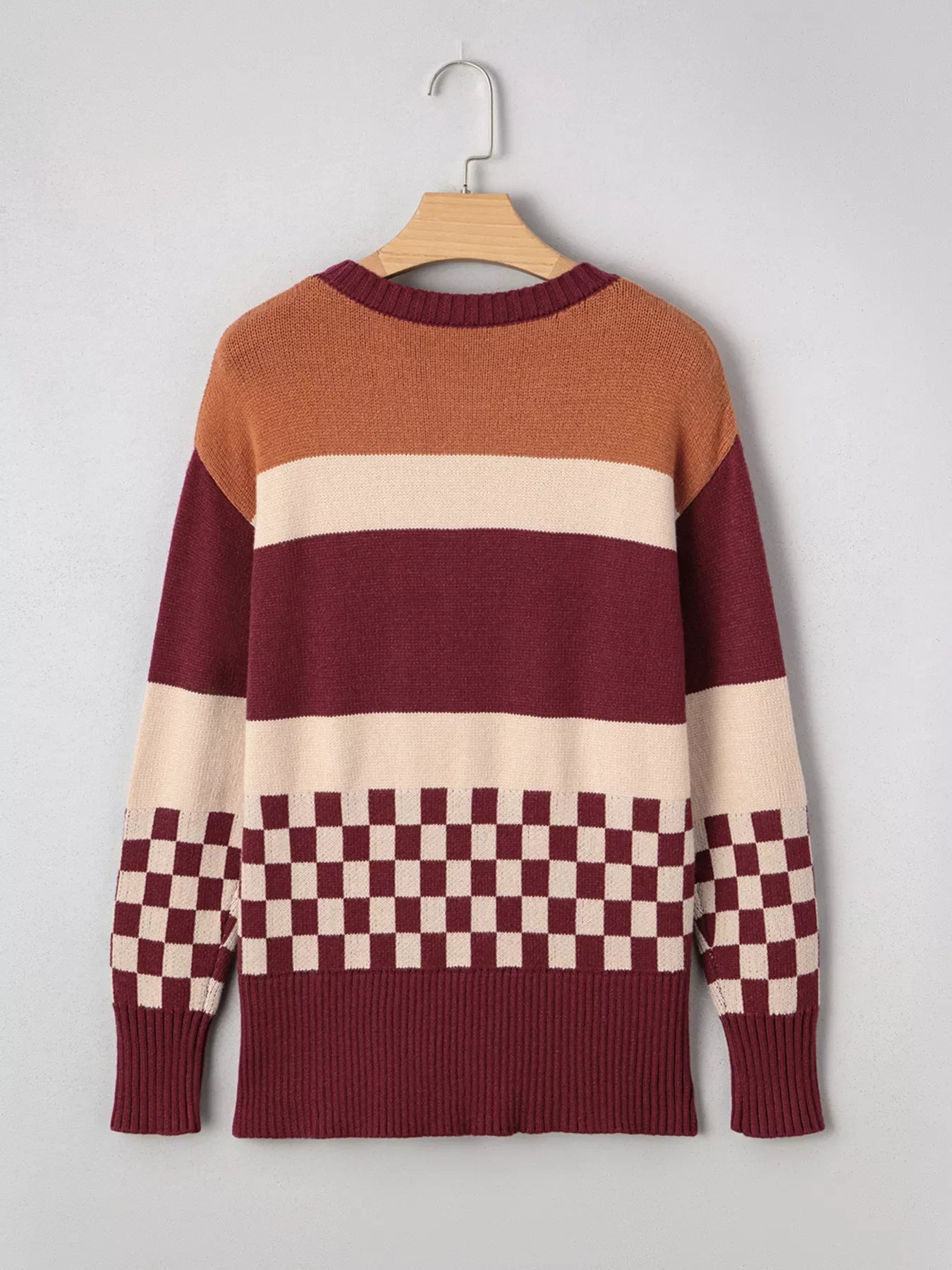 Checkered Color Block Knitted Drop Shoulder Sweater