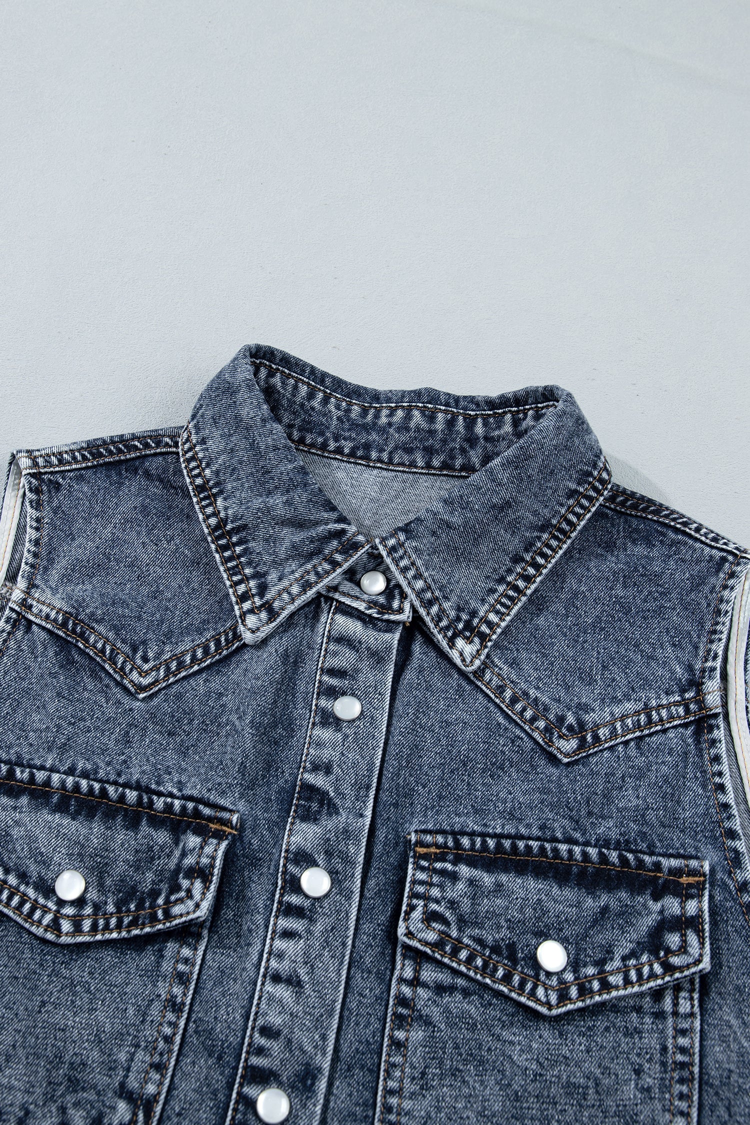 Ashleigh Blue Solid Denim Button Front Pocket Sleeveless Cowboy Vest