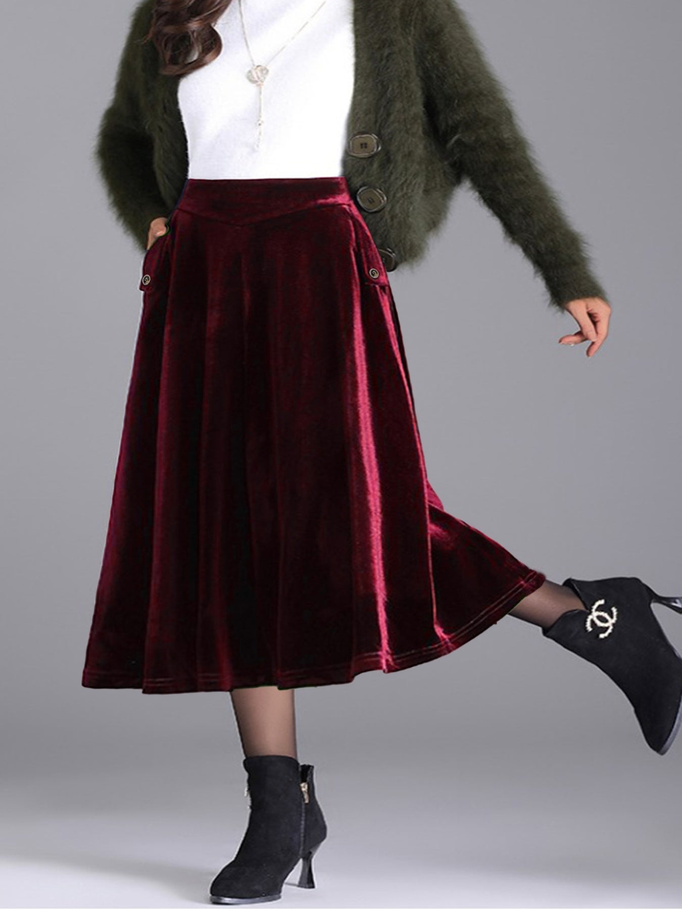 Elegant Velvet A-Line Midi Skirt