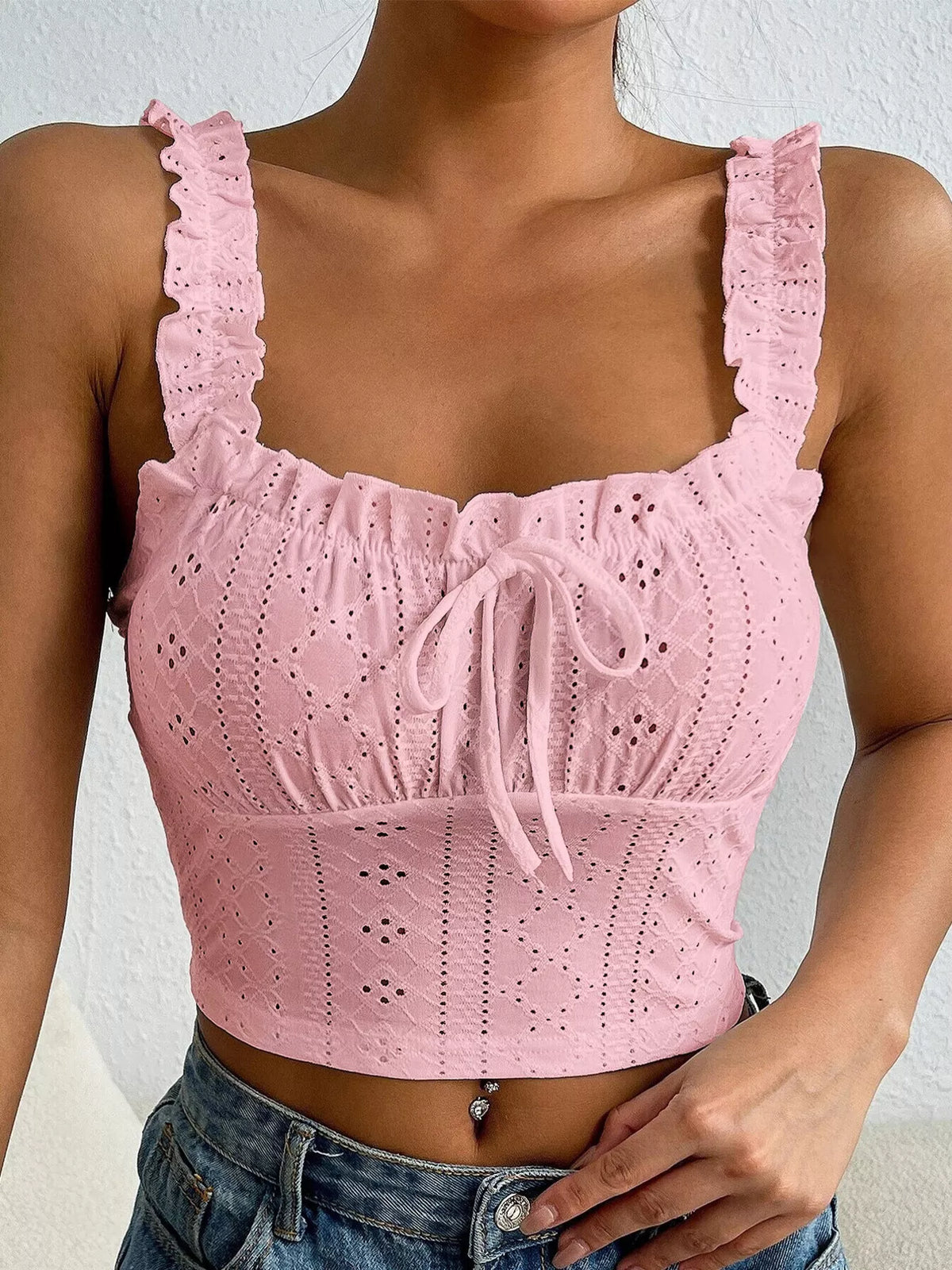 Eyelet Ruffle Strap Tie-Front Tank