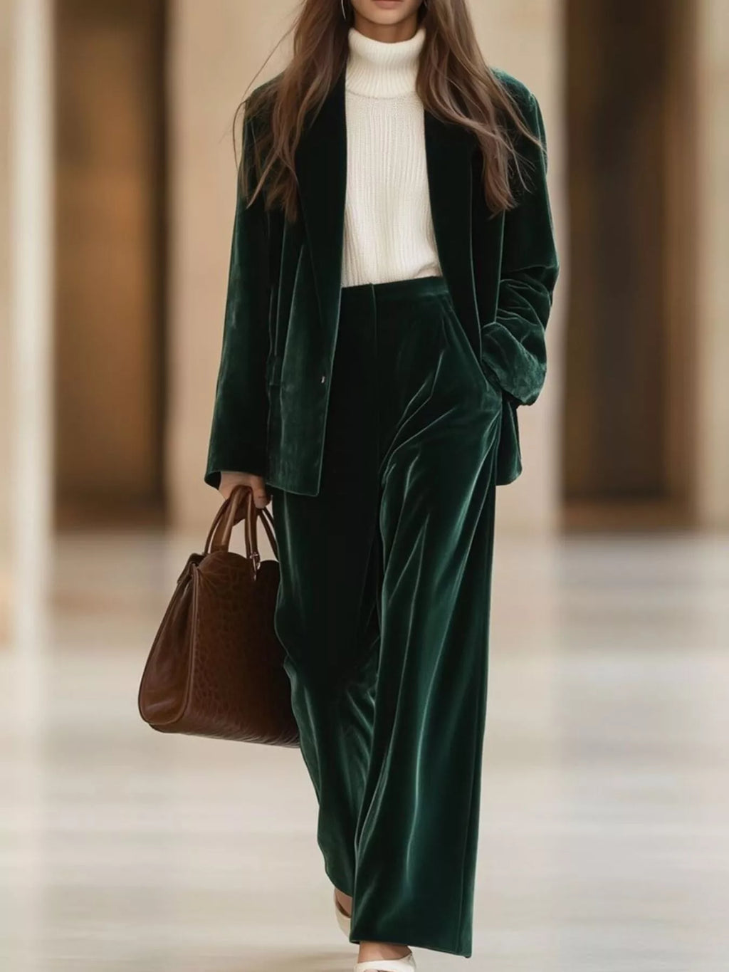 Velvet Blazer and Wide-Leg Pants Two-Piece Set