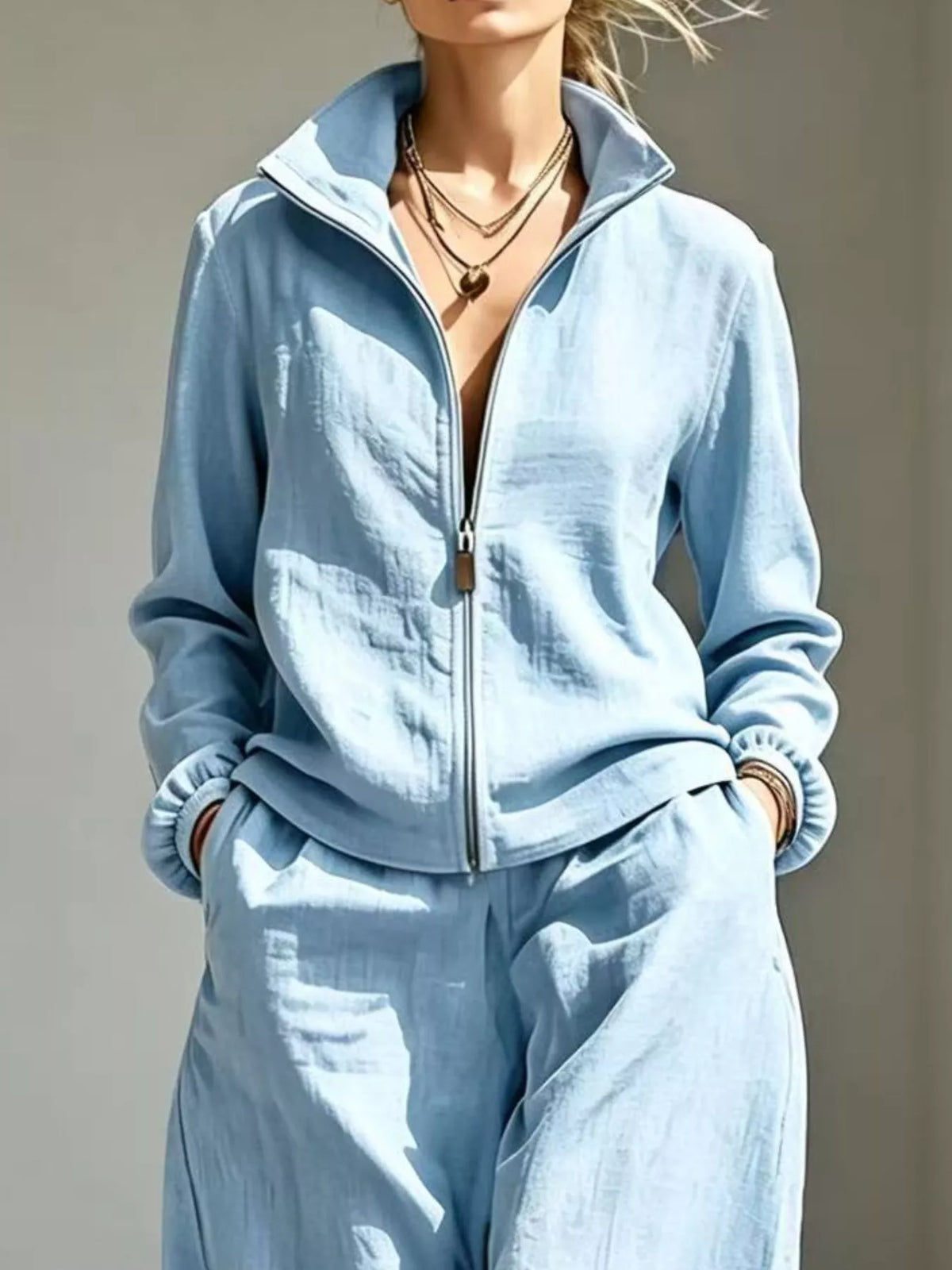 Full Size Zip-Up Jacket and Wide-Leg Pants Set Plus Size