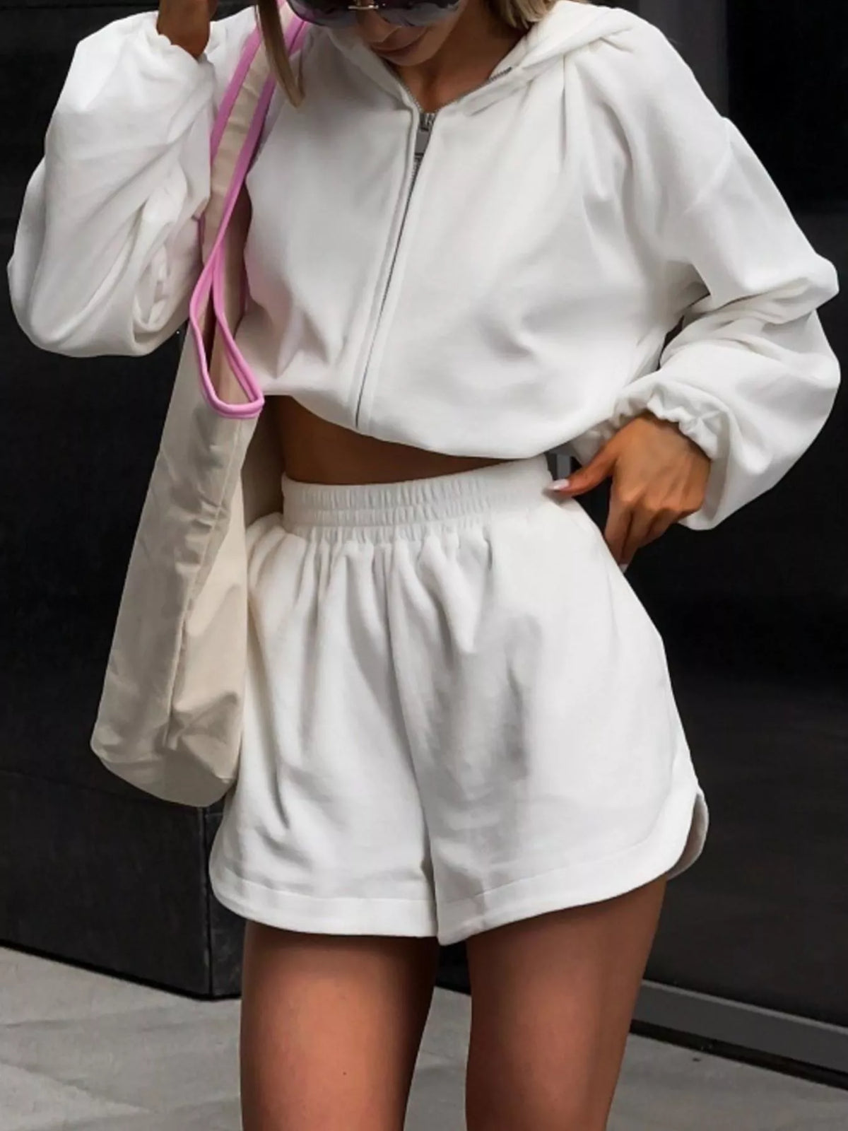 Zip Up Crop Hoodie and Shorts Set