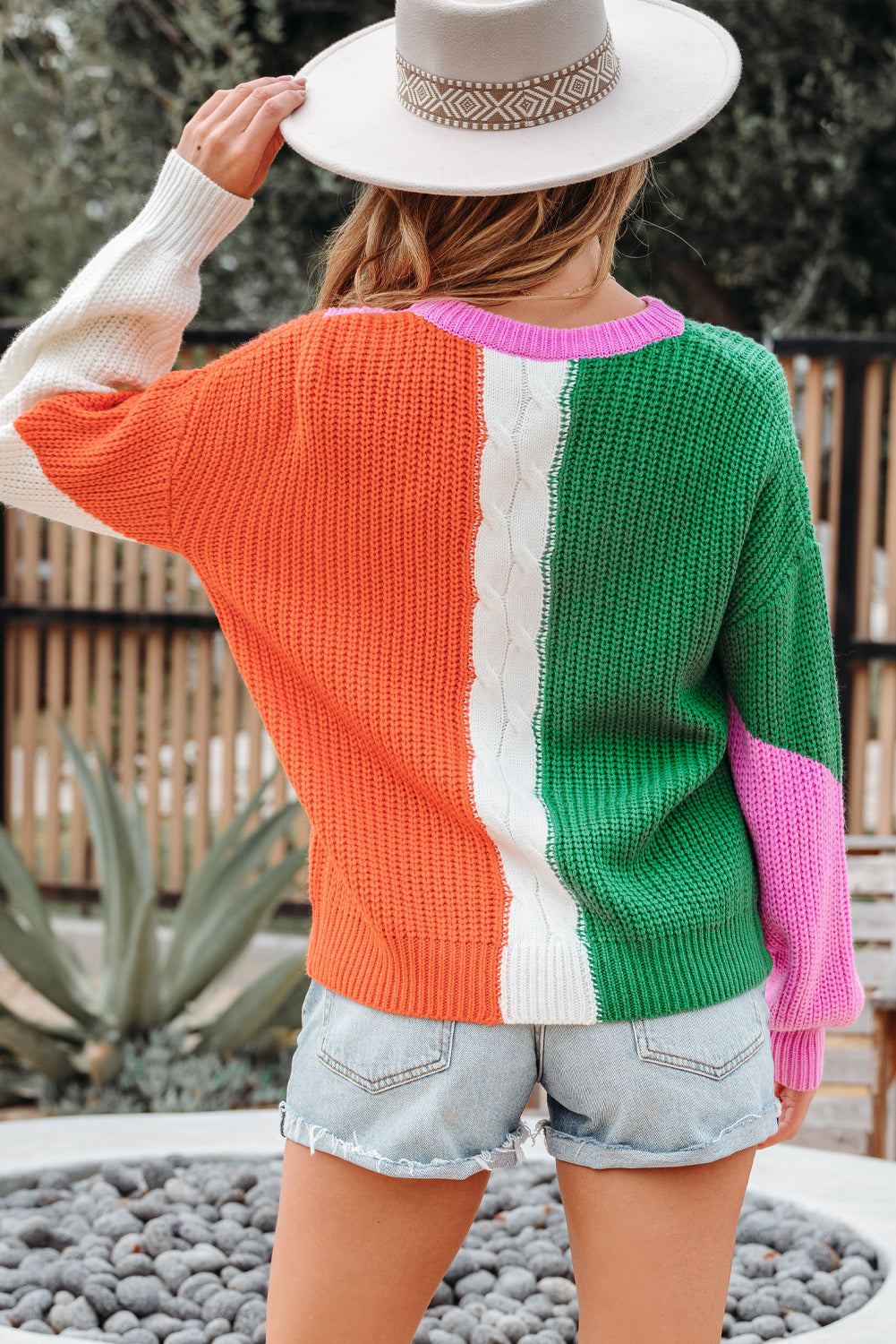 Colorblock Textured Knit Drop Shoulder Sweater