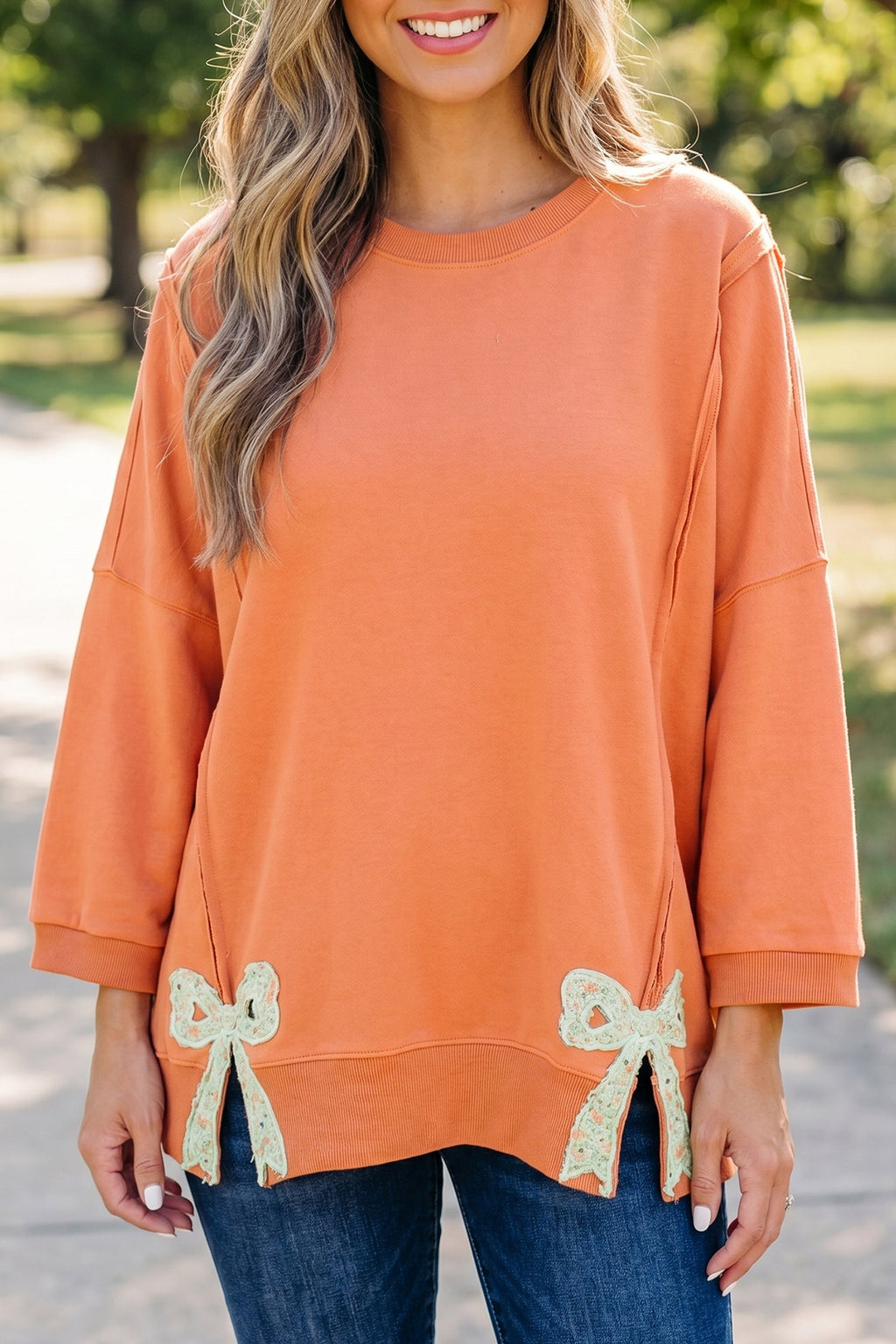 Grapefruit Orange Floral Bow Patched Exposed Seam Patchwork Slit Baggy Sweatshirt
