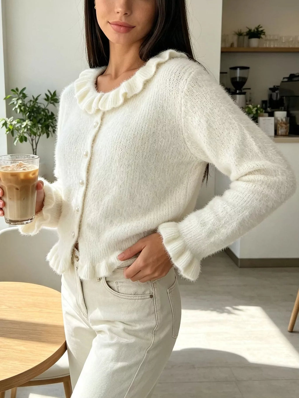Soft Fuzzy Cardigan with Ruffled Collar and Pearl Buttons