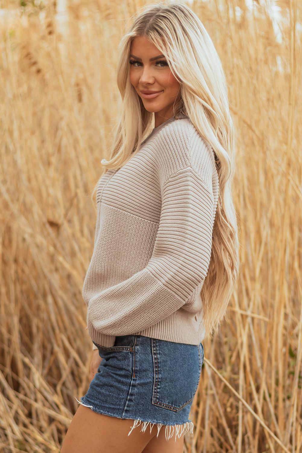 Ribbed Patchwork Textured Knit Puff Sleeve Sweater