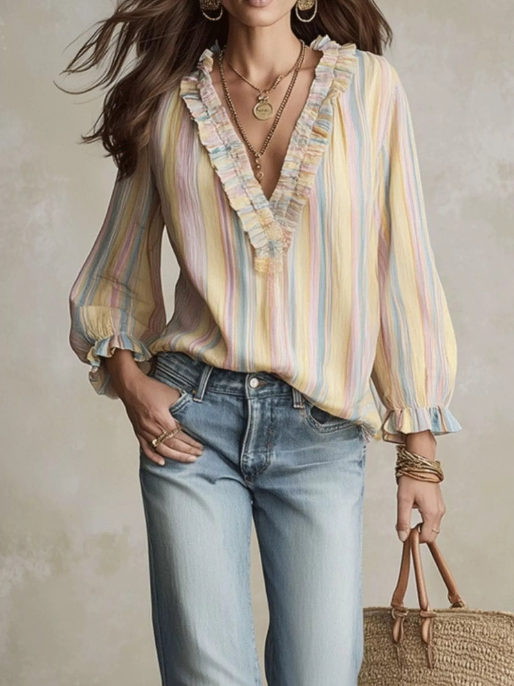 Striped V-Neck Long Sleeve Blouse