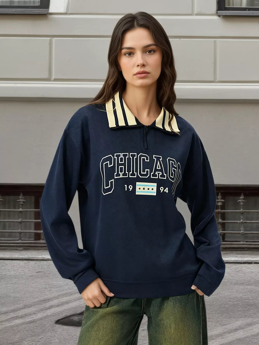 Graphic Sweatshirt with Striped Collar